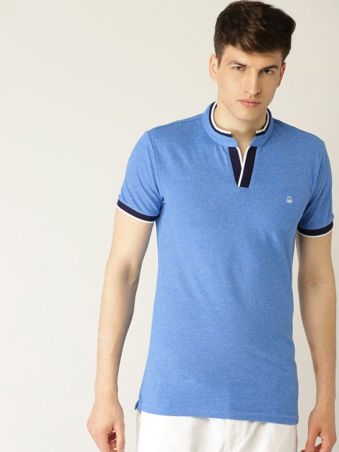 

United Colors of Benetton Men Blue Solid Mandarin Collar T-shirt