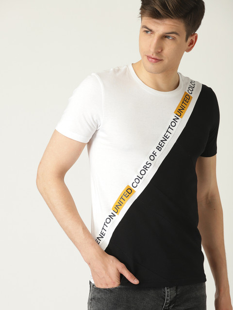 

United Colors of Benetton Men White & Black Colourblocked Round Neck T-shirt