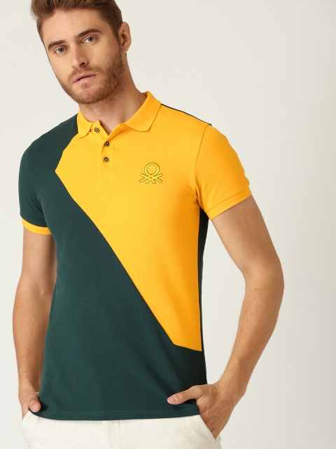 

United Colors of Benetton Men Green & Yellow Colourblocked Polo Collar T-shirt