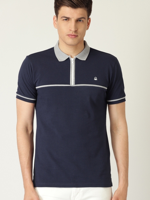 

United Colors of Benetton Men Navy Blue Solid Polo Collar T-shirt