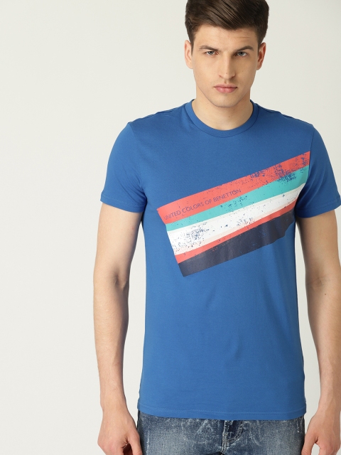 United Colors of Benetton Men Blue Printed Round Neck T-shirt