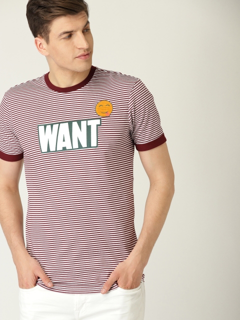 

United Colors of Benetton Men White & Maroon Striped Round Neck T-shirt