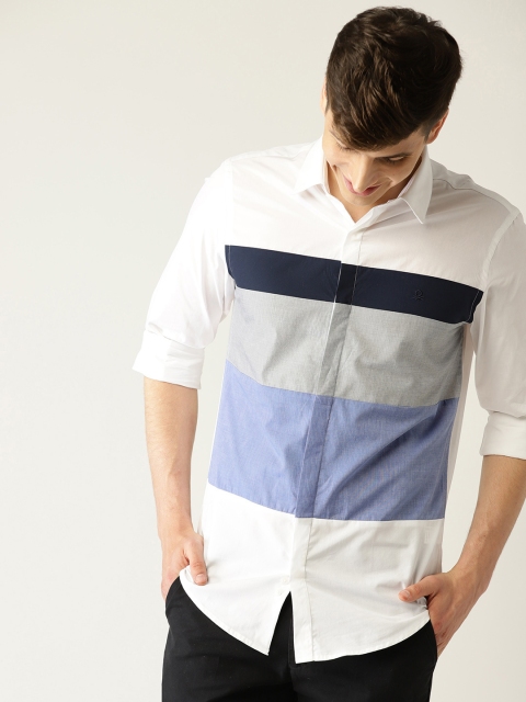 

United Colors of Benetton Men White & Blue Slim Fit Colourblocked Casual Shirt
