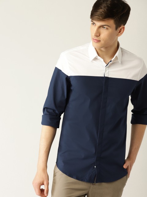 

United Colors of Benetton Men Navy Blue & White Colourblocked Casual Shirt