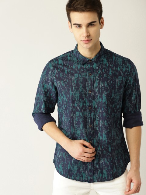 

United Colors of Benetton Men Navy Blue & Green Slim Fit Printed Casual Shirt