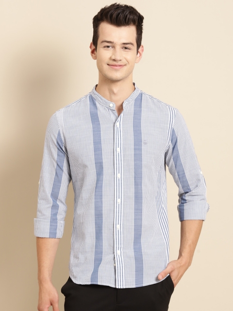 

United Colors of Benetton Men White & Blue Pure Cotton Striped Casual Shirt
