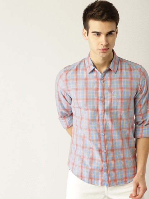 

United Colors of Benetton Men Blue & Peach-Coloured Slim Fit Checked Casual Shirt