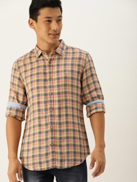 

United Colors of Benetton Men Pink & Grey Slim Fit Checked Casual Linen Shirt
