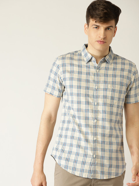 

United Colors of Benetton Men Beige & Blue Slim Fit Checked Casual Shirt