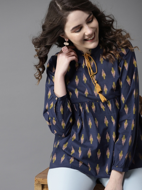 

HERE&NOW Women Navy & Mustard Yellow Printed Empire Pure Cotton Top, Navy blue