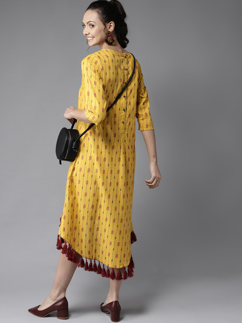 

HERE&NOW Women Mustard Yellow & Maroon Striped High-Low A-Line Dress