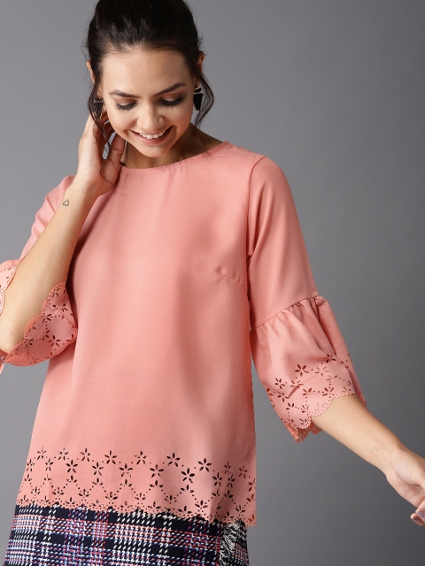 

HERE&NOW Women Peach-Coloured Solid Top with Laser Cuts