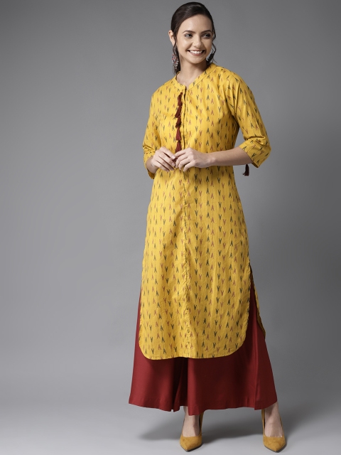 

HERE&NOW Women Mustard Yellow & Red Printed Straight Kurta