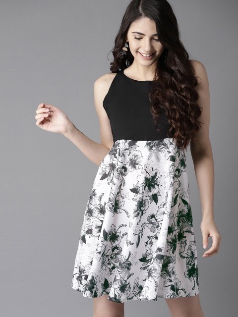 

HERE&NOW Women White & Black Printed A-Line Dress