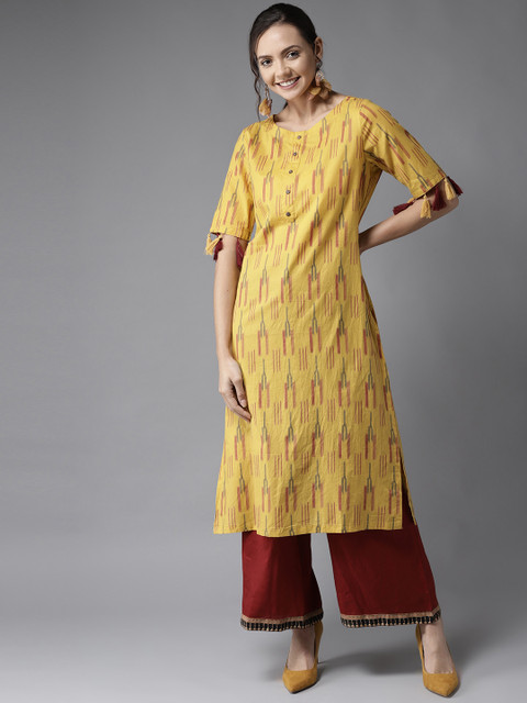 

HERE&NOW Women Mustard Yellow & Maroon Printed Straight Kurta