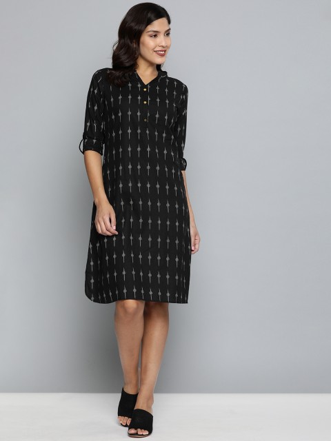 

HERE&NOW Women Black & Off-White Printed A-Line Dress