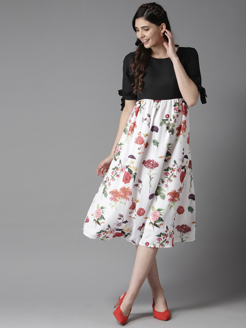 

HERE&NOW Women White & Black Printed Empire Dress