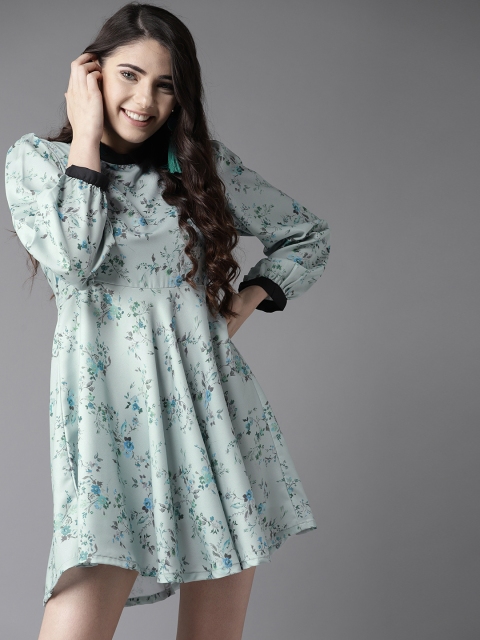 

HERE&NOW Women Sea Green Printed A-Line Dress