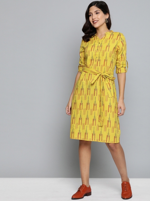 

HERE&NOW Women Mustard Yellow & Red Printed A-Line Dress