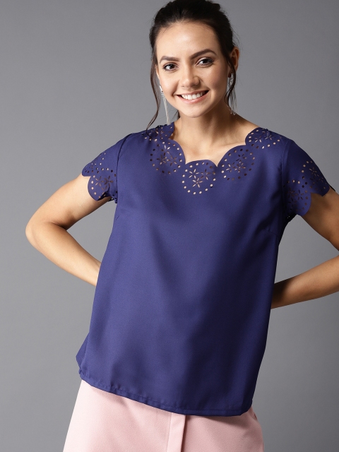 

HERE&NOW Women Navy Blue Solid Top with Laser Cuts