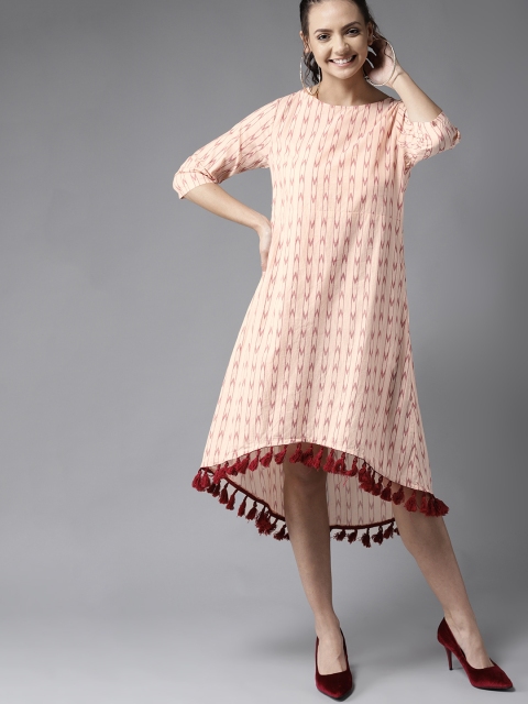 

HERE&NOW Women Peach-Coloured & Maroon Striped High-Low A-Line Dress