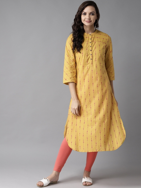 

HERE&NOW Women Mustard Yellow & Red Striped Straight Kurta