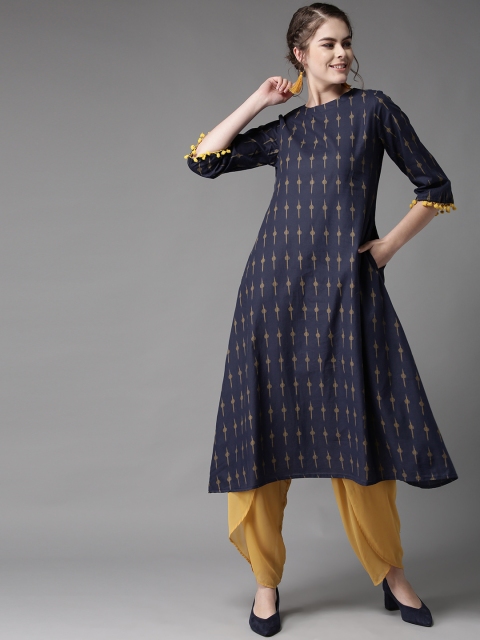 

HERE&NOW Women Navy Blue & Beige Printed A-Line Kurta