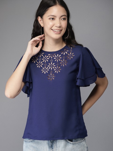 

HERE&NOW Women Navy Blue Solid Top