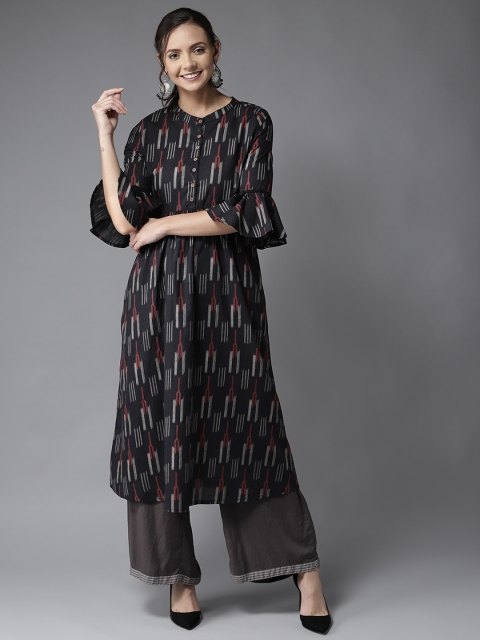 

HERE&NOW Women Black & Off-White Woven Design A-Line Kurta