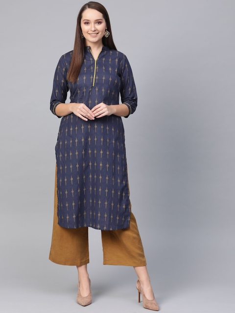

HERE&NOW Women Navy Blue & Beige Printed Straight Kurta