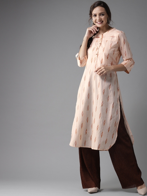 

HERE&NOW Women Peach-Coloured & Maroon Printed Straight Kurta
