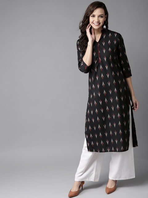 

HERE&NOW Women Black & Maroon Printed Straight Kurta