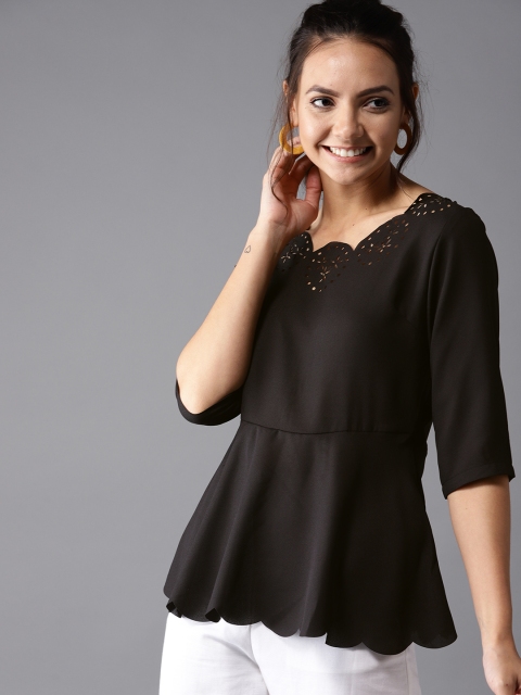 

HERE&NOW Women Black Solid Peplum Top with Laser Cuts