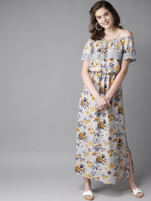 

HERE&NOW Women Grey & Mustard Yellow Off-Shoulder Printed Maxi Dress