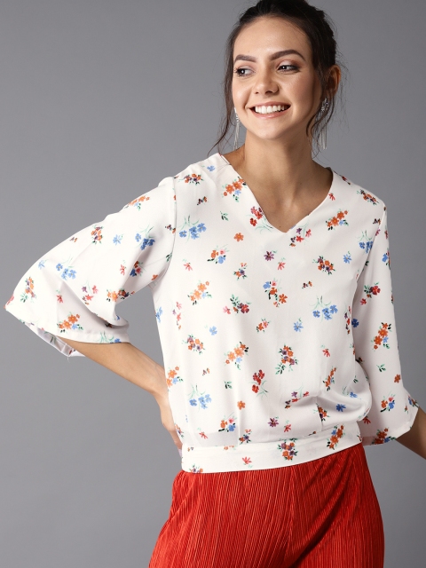 

HERE&NOW Women White & Blue Printed Blouson Top