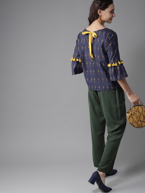 

HERE&NOW Women Navy Blue & Yellow Printed Regular Top