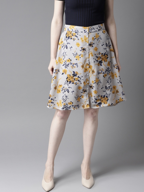 

HERE&NOW Women Grey & Navy Blue Floral Print A-Line Skirt