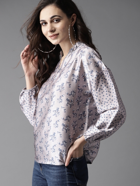

Moda Rapido Women Grey & Blue Printed Satin Finish Top