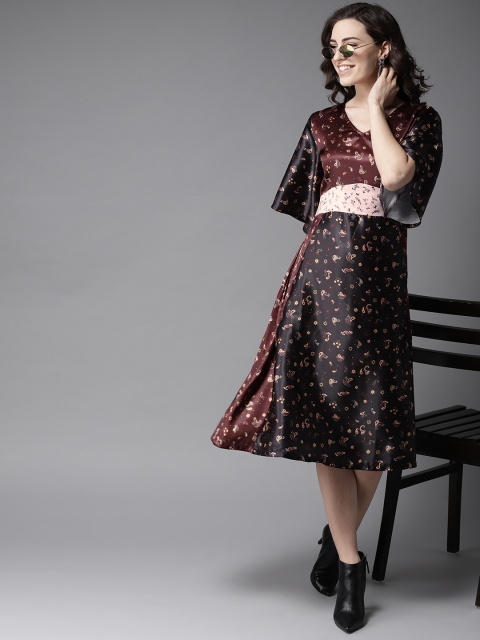

Moda Rapido Women Black & Burgundy Midi A-Line Dress