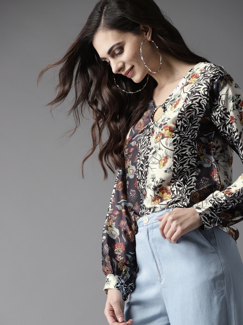 

Moda Rapido Women Black & White Printed Satin Finish Top
