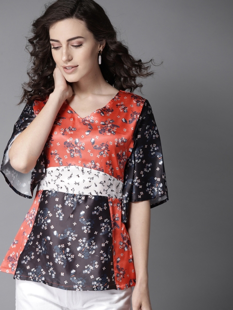 

Moda Rapido Women Orange & Black Printed A-Line Top