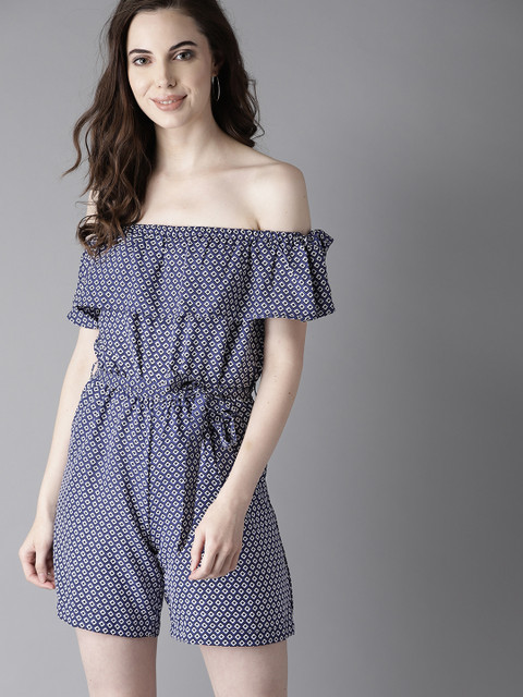 

HERE&NOW Women Navy Blue & White Printed Playsuit