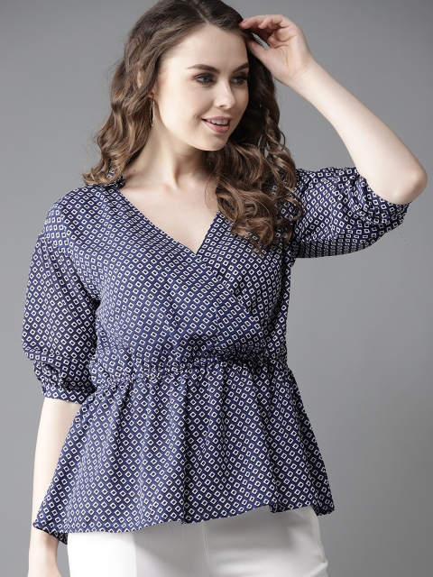 

HERE&NOW Women Navy Blue Printed Cinched Waist Top