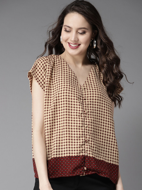 

HERE&NOW Women Beige & Red Printed Boxy Top
