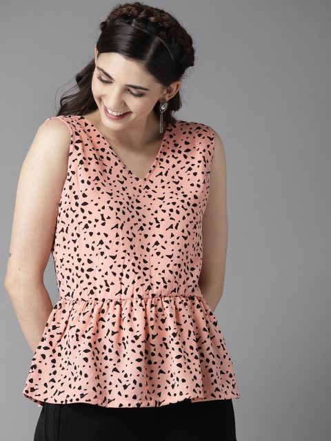 

HERE&NOW Women Peach-Coloured & Black Printed A-Line Top