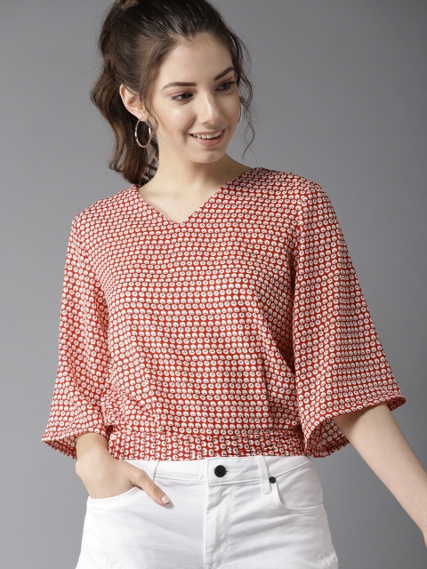 

HERE&NOW Women Red & White Printed Blouson Top