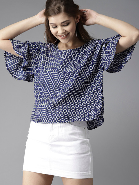 

HERE&NOW Women Navy Blue & White Printed Boxy Top