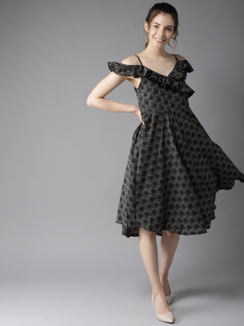 

HERE&NOW Women Black & Beige Printed A-Line Dress