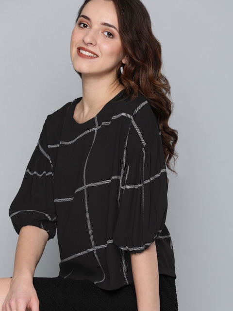 

HERE&NOW Women Black & White Checked Regular Top