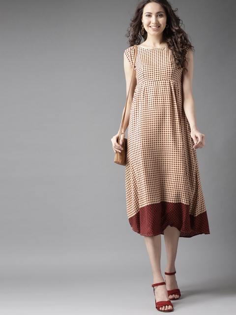 

HERE&NOW Women Beige & Red Printed A-Line Dress